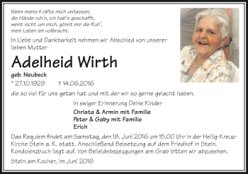 Traueranzeige von Adelheid Wirth 