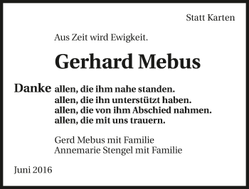 Traueranzeige von Gerhard Mebus 