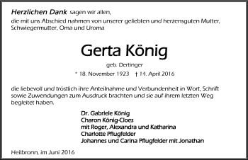 Traueranzeige von Gerta König 