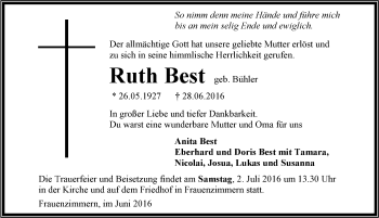 Traueranzeige von Ruth Best 