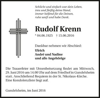 Traueranzeige von Rudolf Krenn 