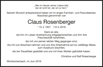 Traueranzeige von Claus Rosenberger 