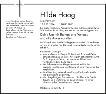 Traueranzeige von Hilde Haag 