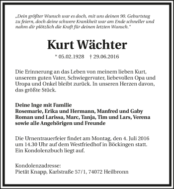 Traueranzeige von Kurt Wächter 