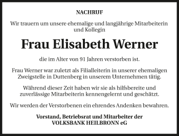 Traueranzeige von Elisabeth Werner 