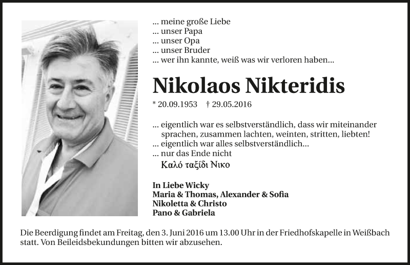  Traueranzeige für Nikolaos Nikteridis vom 02.06.2016 aus 