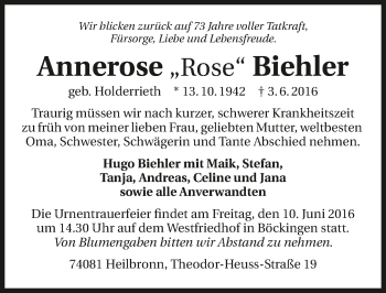 Traueranzeige von Annerose Biehler 