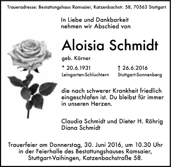 Traueranzeige von Aloisia Schmidt 