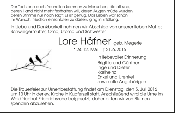 Traueranzeige von Lore Häfner 