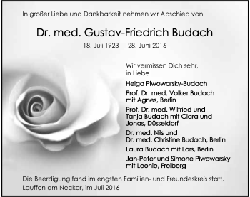 Traueranzeige von Gustav-Friedrich Budach 