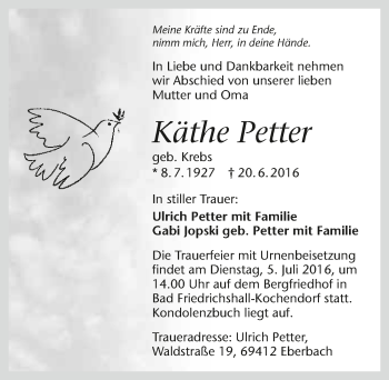 Traueranzeige von Käthe Petter 