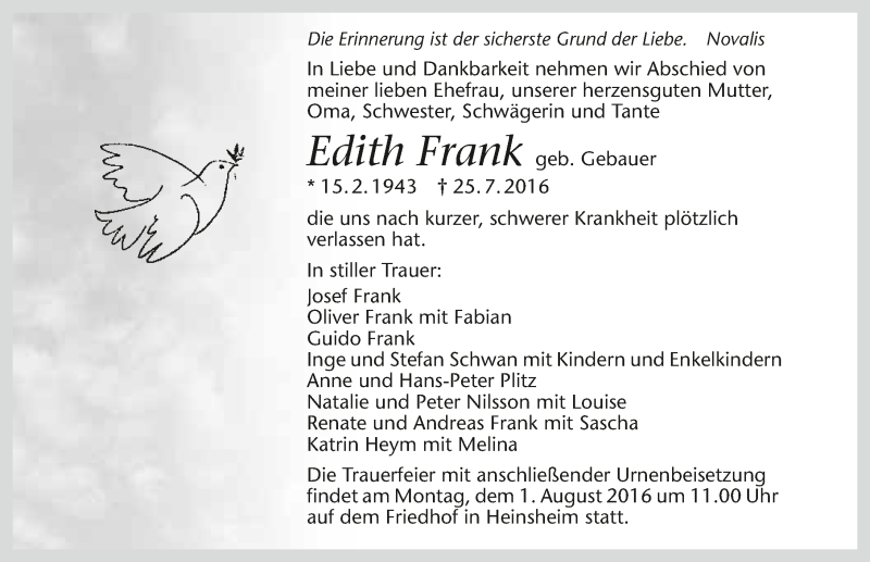  Traueranzeige für Edith Frank vom 30.07.2016 aus 