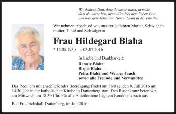 Traueranzeige von Hildegard Blaha 