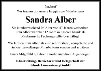 Traueranzeige von Sandra Alber 