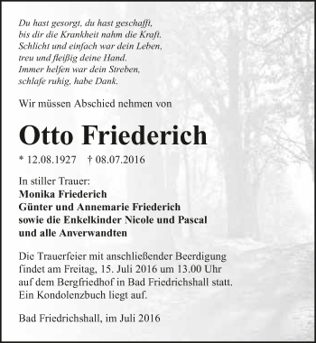 Traueranzeige von Otto Friederich 