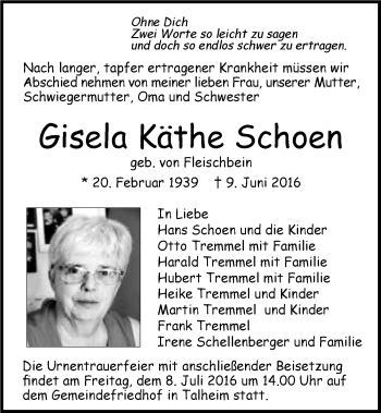 Traueranzeige von Gisela Käthe Schoen 