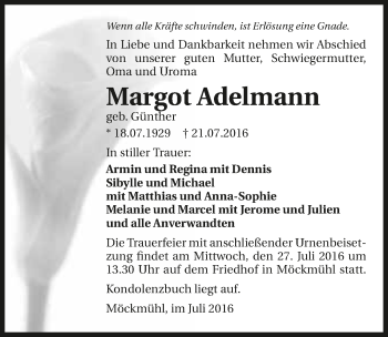 Traueranzeige von Margot Adelmann 