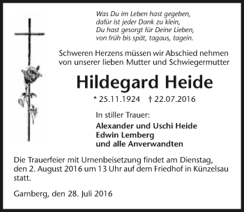 Traueranzeige von Hildegard Heide 