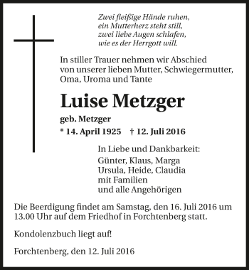 Traueranzeige von Luise Metzger 