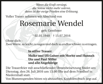 Traueranzeige von Rosemarie Wendel 