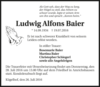 Traueranzeige von Ludwig Alfons Baier 