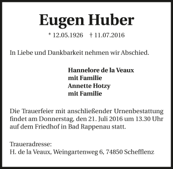 Traueranzeige von Eugen Huber 