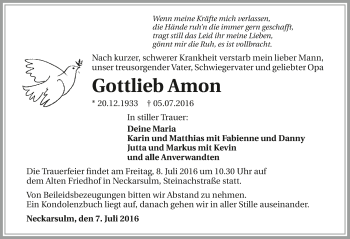 Traueranzeige von Gottlieb Amon 