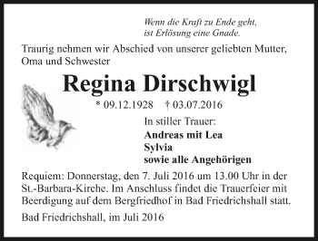 Traueranzeige von Regina Dirschwigl 