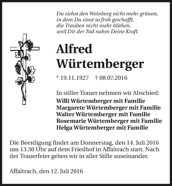Traueranzeige von Alfred Würtemberger 