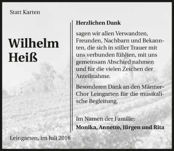 Traueranzeige von Wilhelm Heiß 