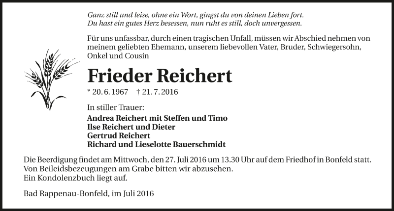  Traueranzeige für Frieder Reichert vom 25.07.2016 aus 