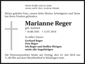 Traueranzeige von Marianne Reger 