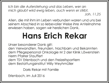 Traueranzeige von Hans Erich Rekar 