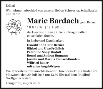 Traueranzeige von Marie Bardach 