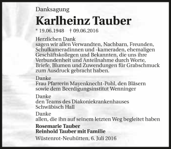 Traueranzeige von Karlheinz Tauber 