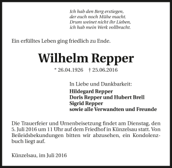 Traueranzeige von Wilhelm Repper 