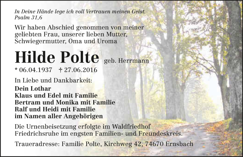  Traueranzeige für Hilde Polte vom 08.07.2016 aus 