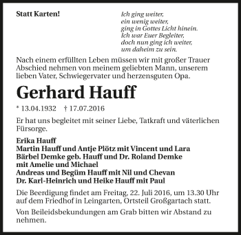 Traueranzeige von Gerhard Hauff 