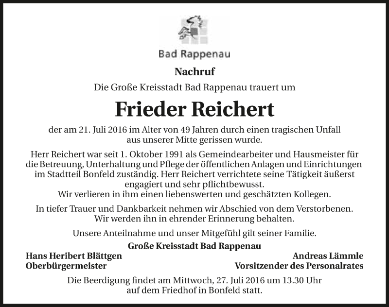  Traueranzeige für Frieder Reichert vom 26.07.2016 aus 