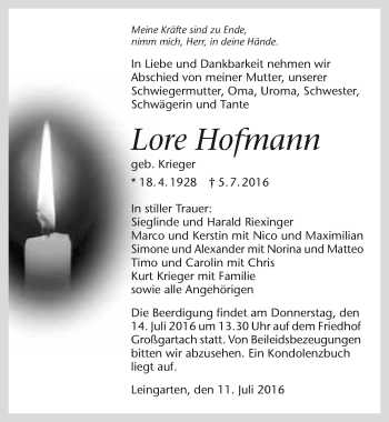 Traueranzeige von Lore Hofmann 