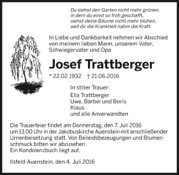 Traueranzeige von Josef Trattberger 