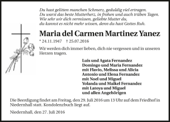 Traueranzeige von Maria  del Carmen Martinez Yanez 