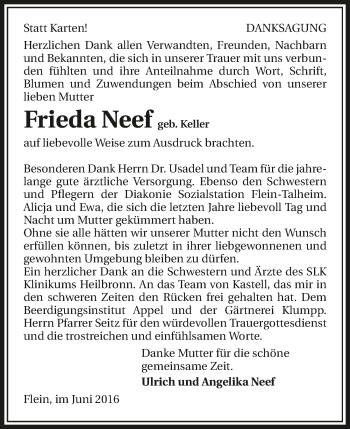 Traueranzeige von Frieda Neef 