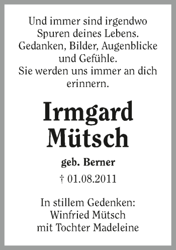 Traueranzeige von Irmgard Mütsch 