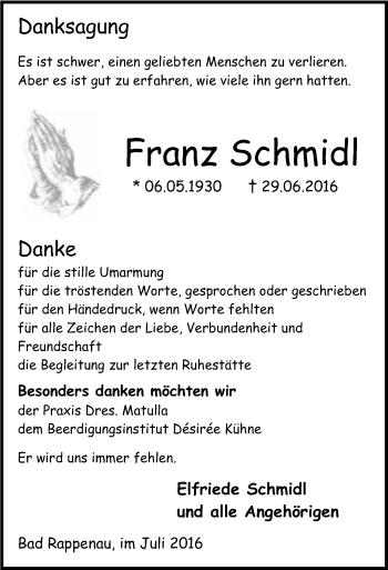 Traueranzeige von Franz Schmidl 