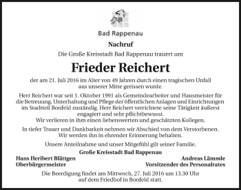 Traueranzeige von Frieder Reichert 