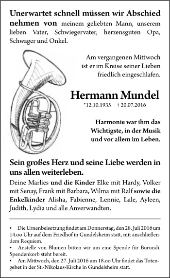 Traueranzeige von Hermann Mundel 