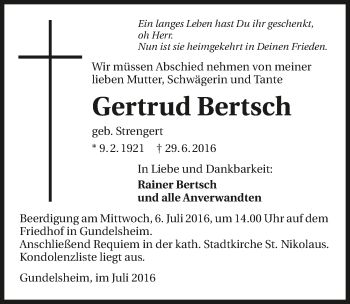 Traueranzeige von Gertrud Bertsch 