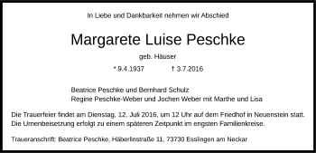 Traueranzeige von Margarete Luise Peschke 