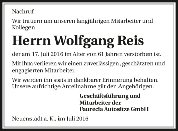 Traueranzeige von Wolfgang Reis 